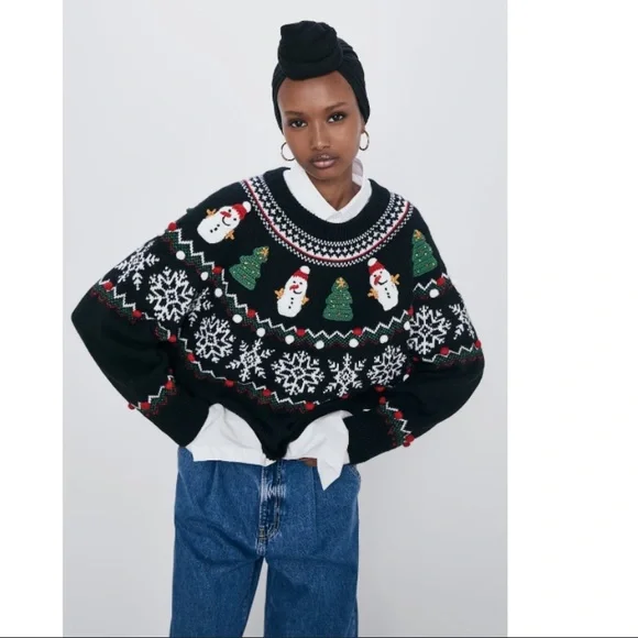 Zara Christmas Snowman Tree Knit Sweater Pullover Holiday Sweater Size Small - Picture 2 of 6
